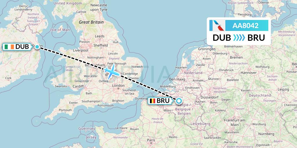 AA8042 American Airlines Flight Map: Dublin to Brussels