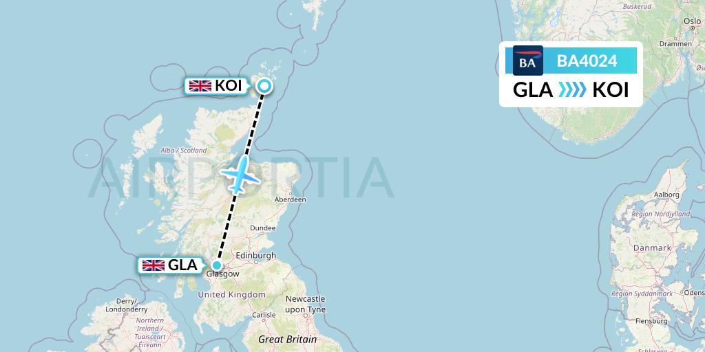 BA4024 British Airways Flight Map: Glasgow to Kirkwall