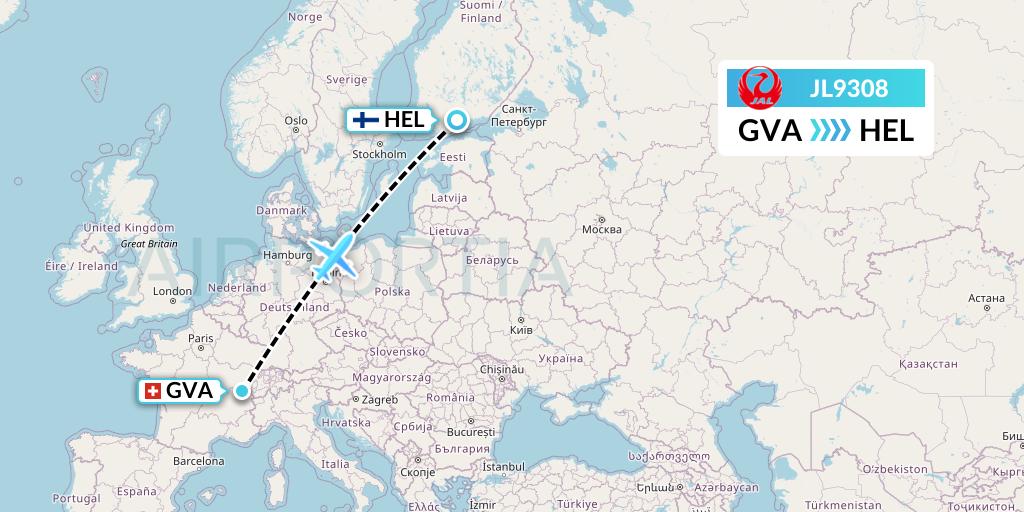 JL9308 Japan Airlines Flight Map: Geneva to Helsinki