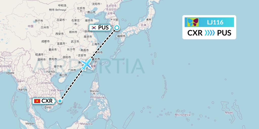 LJ116 Jin Air Flight Map: Nha Trang to Busan