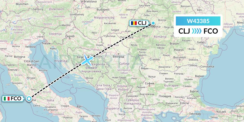 W43385 Wizz Air Malta Flight Map: Cluj-Napoca to Rome