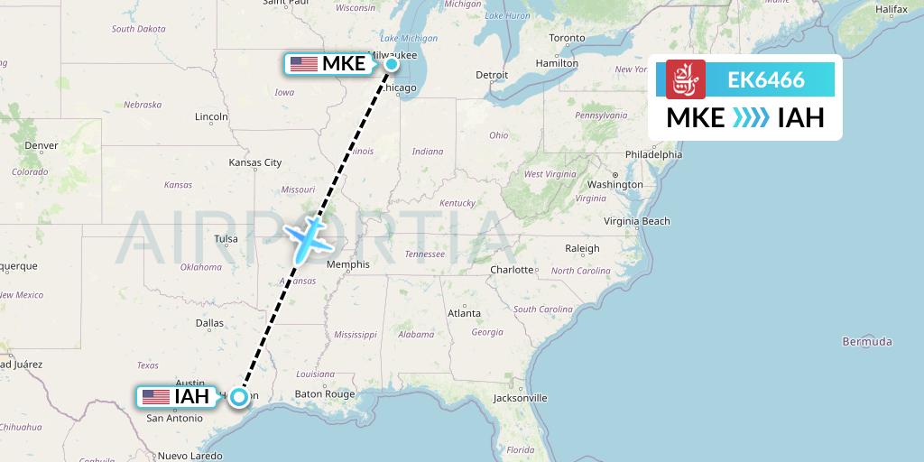 EK6466 Emirates Flight Map: Milwaukee to Houston