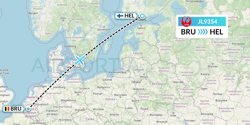 JL9354 Japan Airlines Flight Map: Brussels to Helsinki
