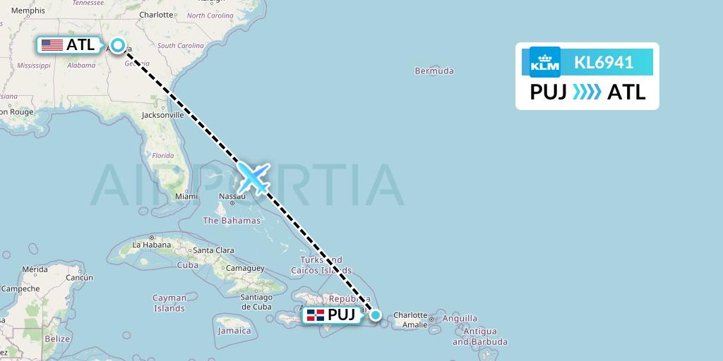 KL6941 KLM Flight Map: Punta Cana to Atlanta