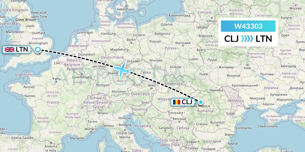 W43303 Wizz Air Malta Flight Map: Cluj-Napoca to London