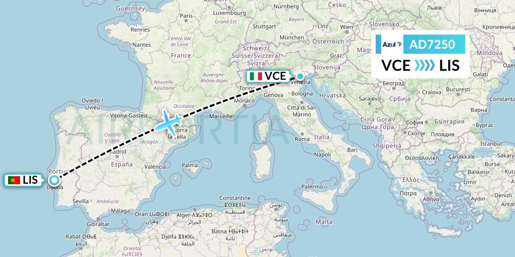 AD7250 Azul Brazilian Airlines Flight Map: Venice to Lisbon