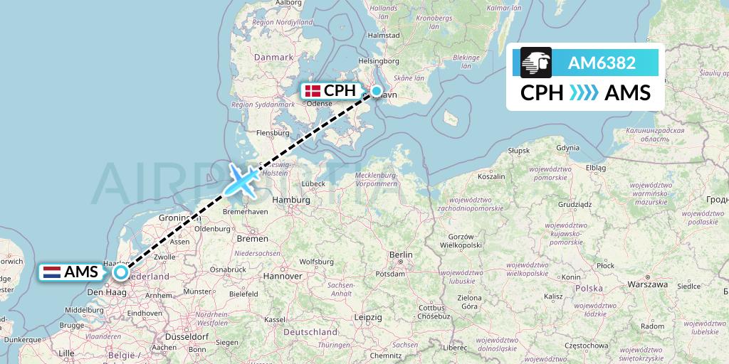 AM6382 Aeromexico Flight Map: Copenhagen to Amsterdam