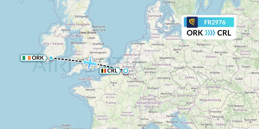 FR2976 Ryanair Flight Map: Cork to Brussels
