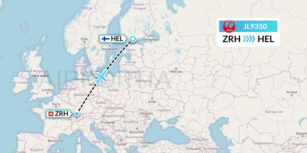 JL9350 Japan Airlines Flight Map: Zurich to Helsinki