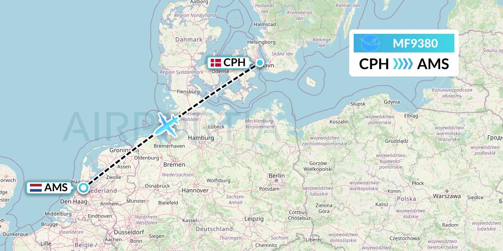 MF9380 Xiamen Airlines Flight Map: Copenhagen to Amsterdam