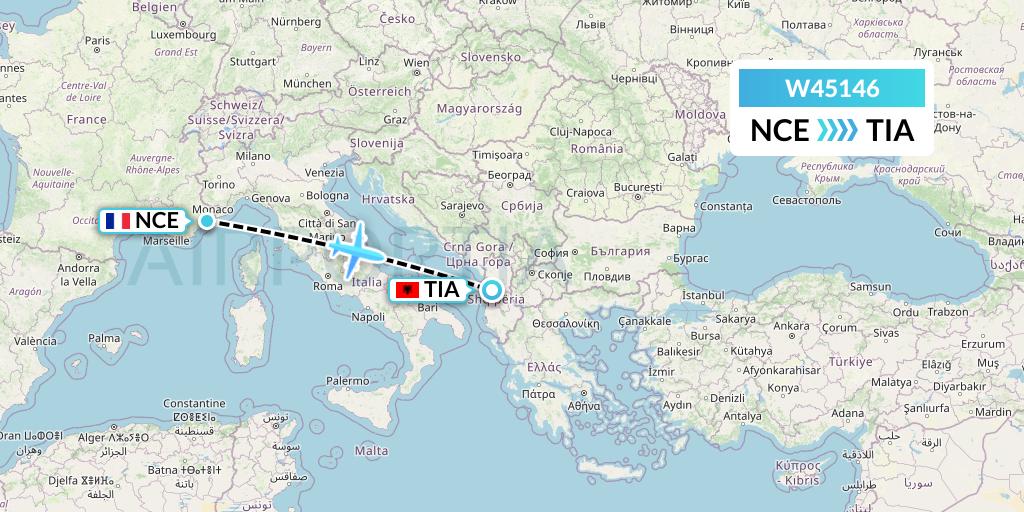 W45146 Wizz Air Malta Flight Map: Nice to Tirana