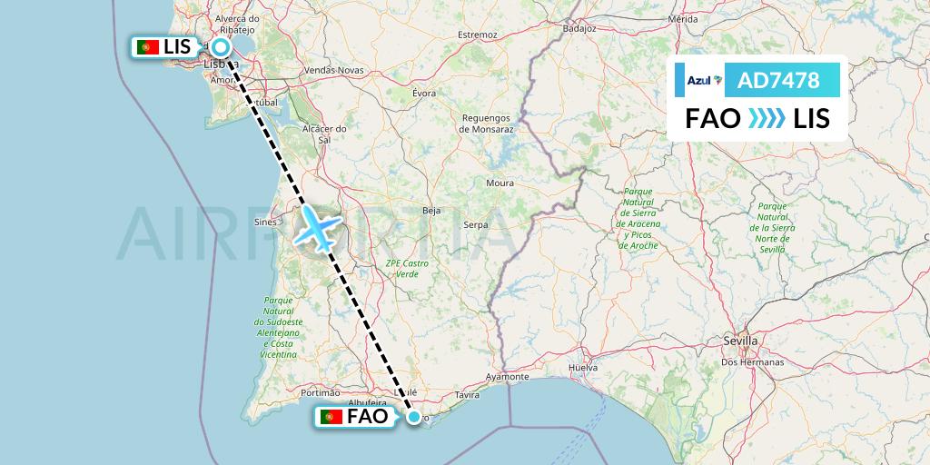 AD7478 Azul Brazilian Airlines Flight Map: Faro to Lisbon