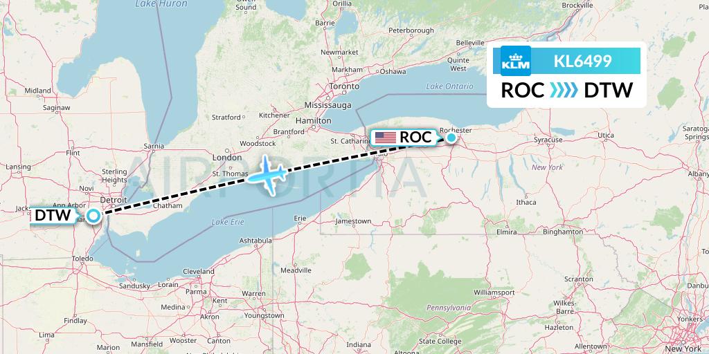 KL6499 KLM Flight Map: Rochester to Detroit