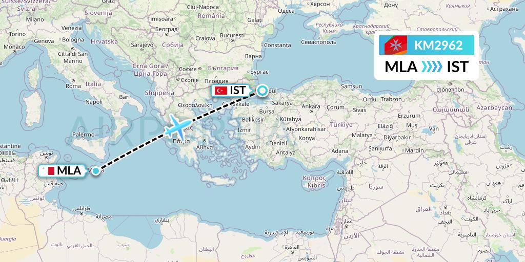 KM2962 Air Malta Flight Map: Malta to Istanbul