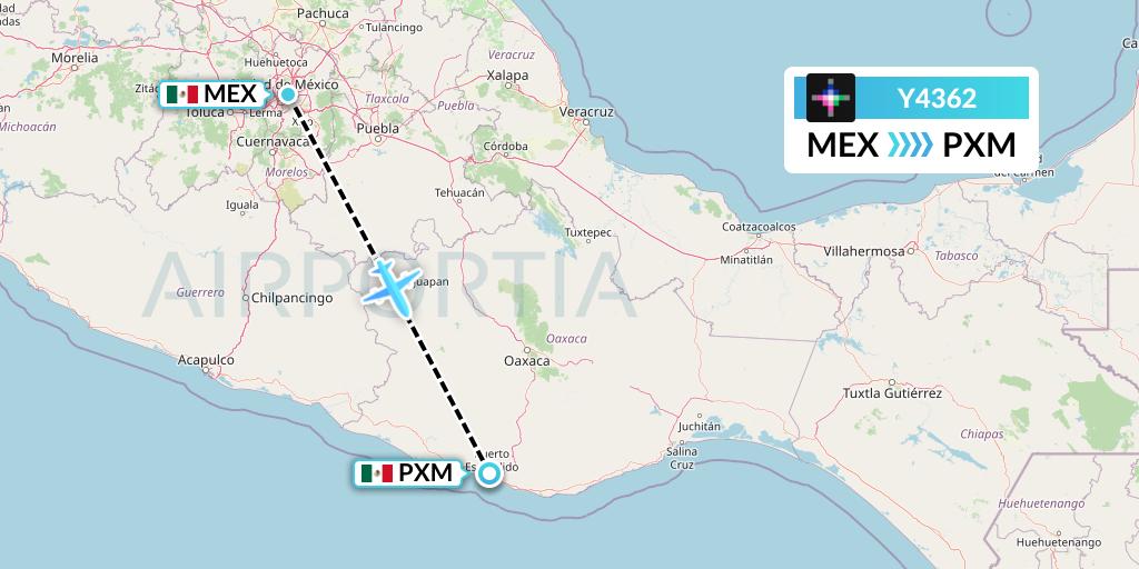 Y4362 Volaris Flight Map: Mexico City to Puerto Escondido