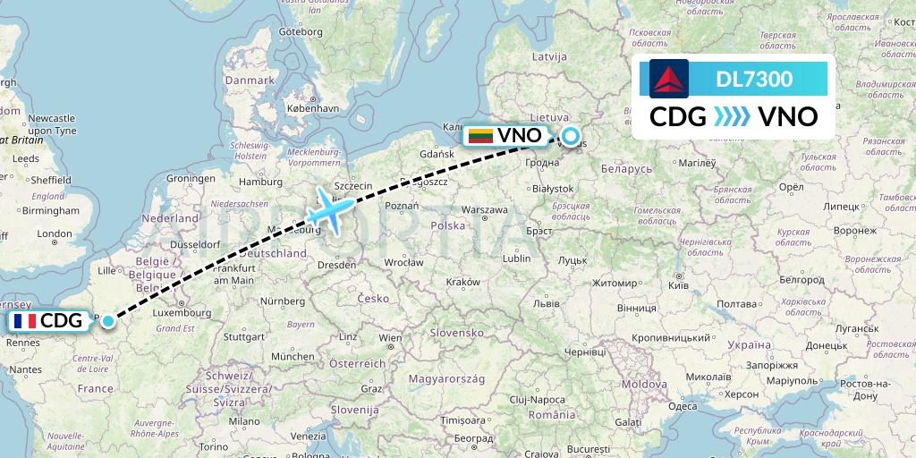 DL7300 Delta Air Lines Flight Map: Paris to Vilnius