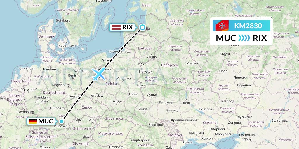 KM2830 Air Malta Flight Map: Munich to Riga