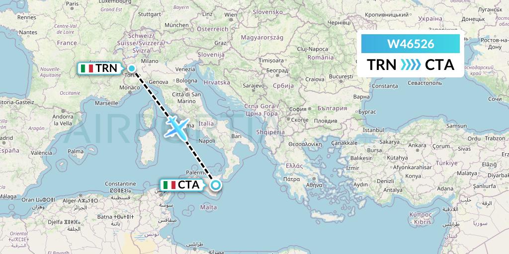 W46526 Wizz Air Malta Flight Map: Turin to Catania