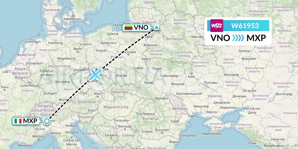 W61953 Wizz Air Flight Map: Vilnius to Milan