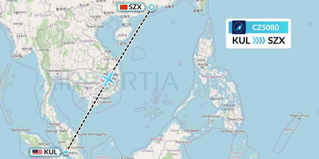 CZ5080 China Southern Airlines Flight Map: Kuala Lumpur to Shenzhen