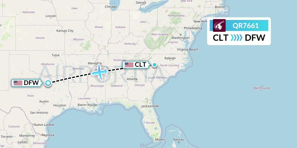 QR7661 Qatar Airways Flight Map: Charlotte to Dallas