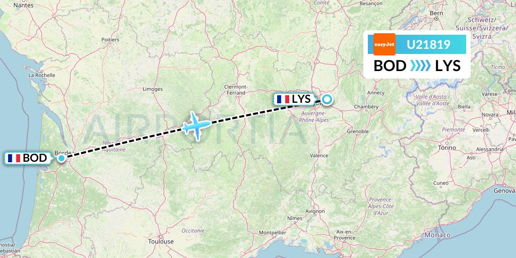 U21819 EasyJet Flight Map: Bordeaux to Lyon