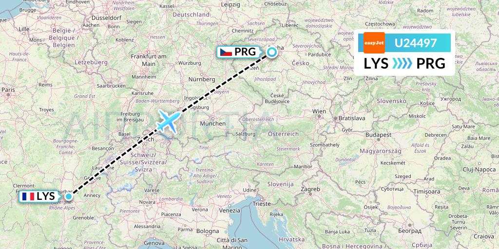 U24497 EasyJet Flight Map: Lyon to Prague