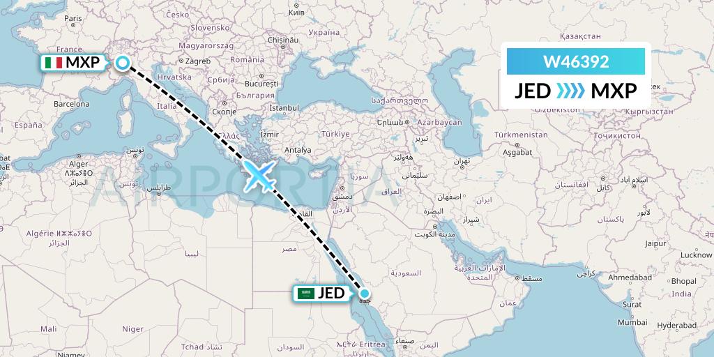 W46392 Wizz Air Malta Flight Map: Jeddah to Milan