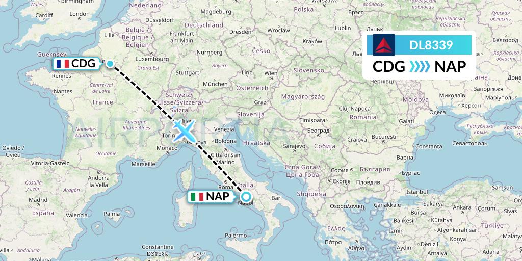 DL8339 Delta Air Lines Flight Map: Paris to Naples