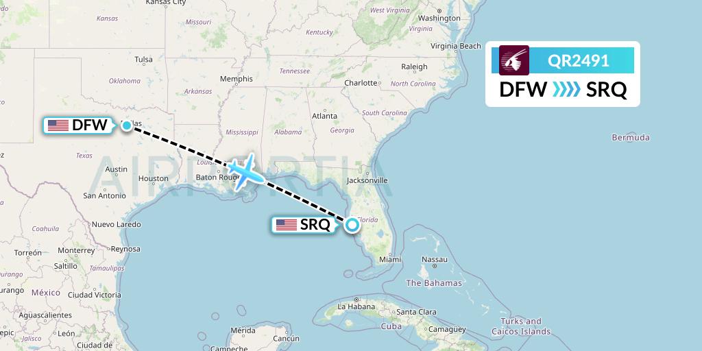 QR2491 Qatar Airways Flight Map: Dallas to Sarasota