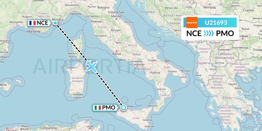 U21693 EasyJet Flight Map: Nice to Palermo