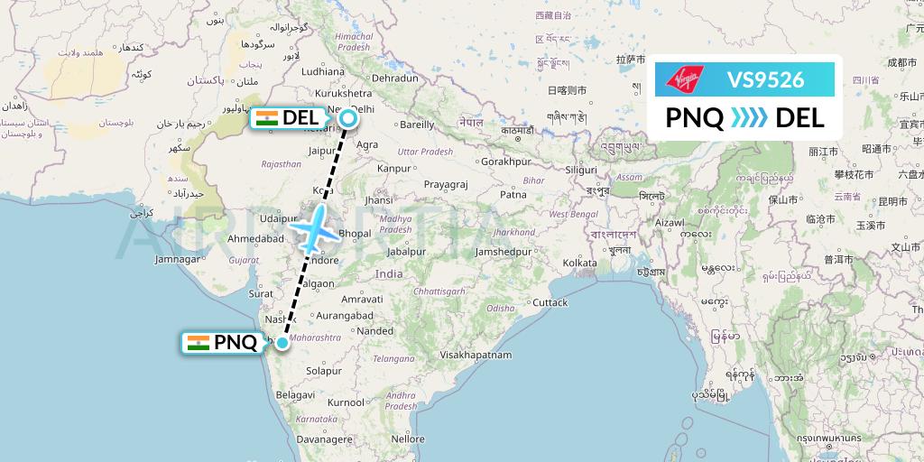 VS9526 Virgin Atlantic Airways Flight Map: Pune to Delhi