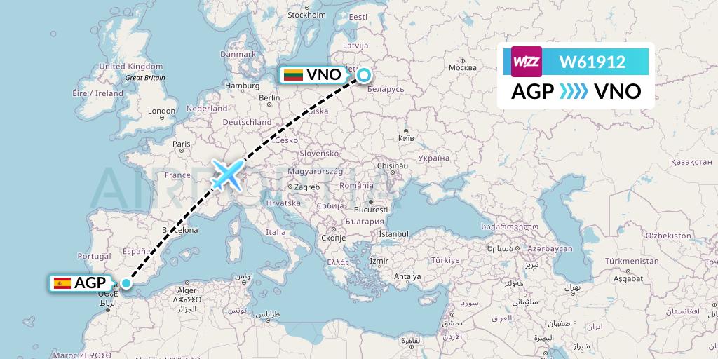W61912 Wizz Air Flight Map: Malaga to Vilnius