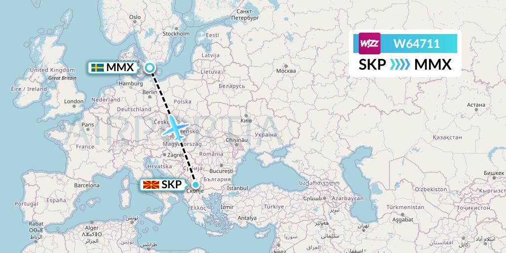W64711 Wizz Air Flight Map: Skopje to Malmo