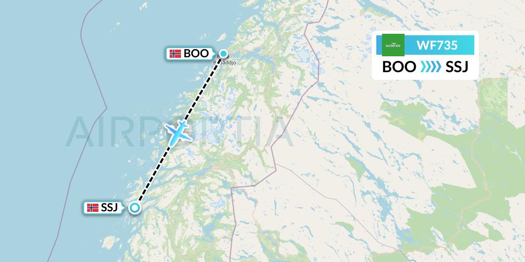 WF735 Wideroe Flight Map: Bodo to Sandnessjoen