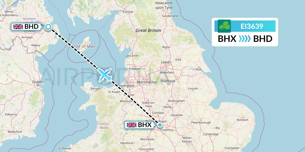 EI3639 Aer Lingus Flight Map: Birmingham to Belfast