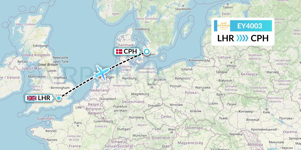 EY4003 Etihad Airways Flight Map: London to Copenhagen