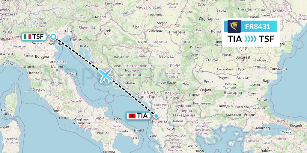 FR8431 Ryanair Flight Map: Tirana to Treviso