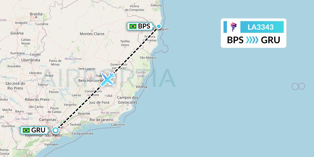 LA3343 LAN Airlines Flight Map: Porto Seguro to Sao Paulo