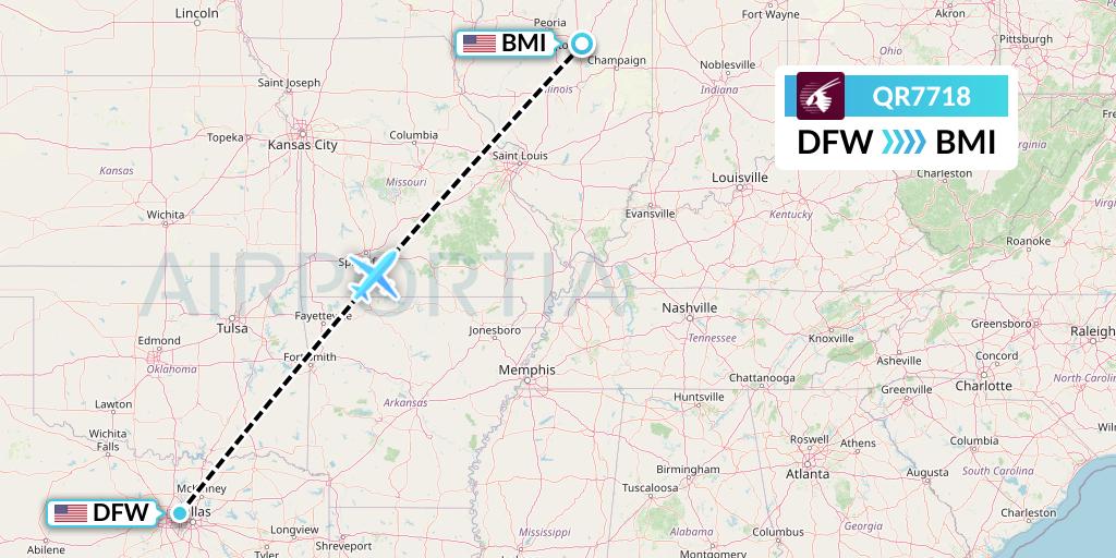 QR7718 Qatar Airways Flight Map: Dallas to Bloomington