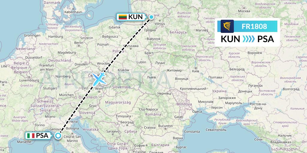 FR1808 Ryanair Flight Map: Kaunas to Pisa