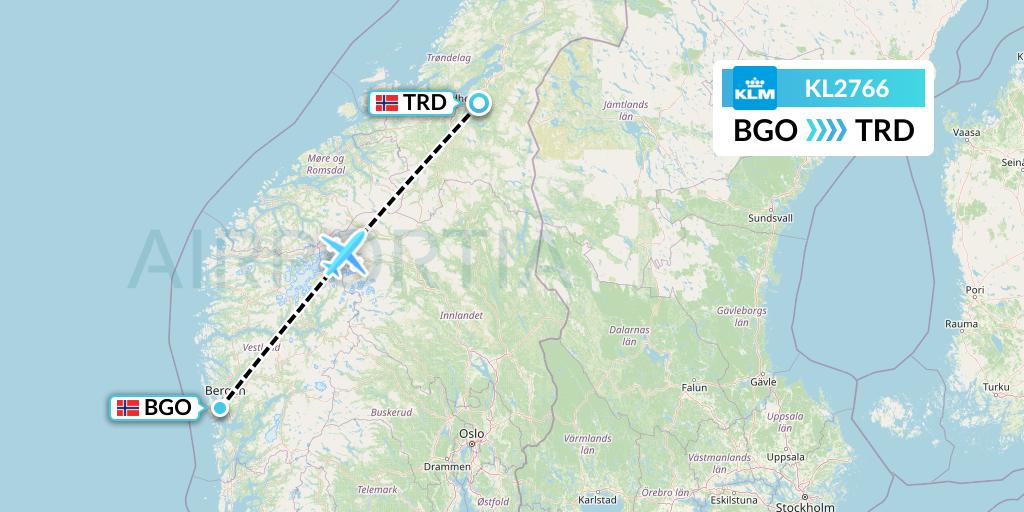KL2766 KLM Flight Map: Bergen to Trondheim