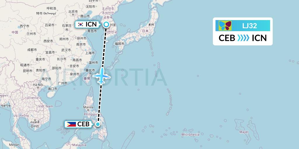 LJ32 Jin Air Flight Map: Cebu to Seoul