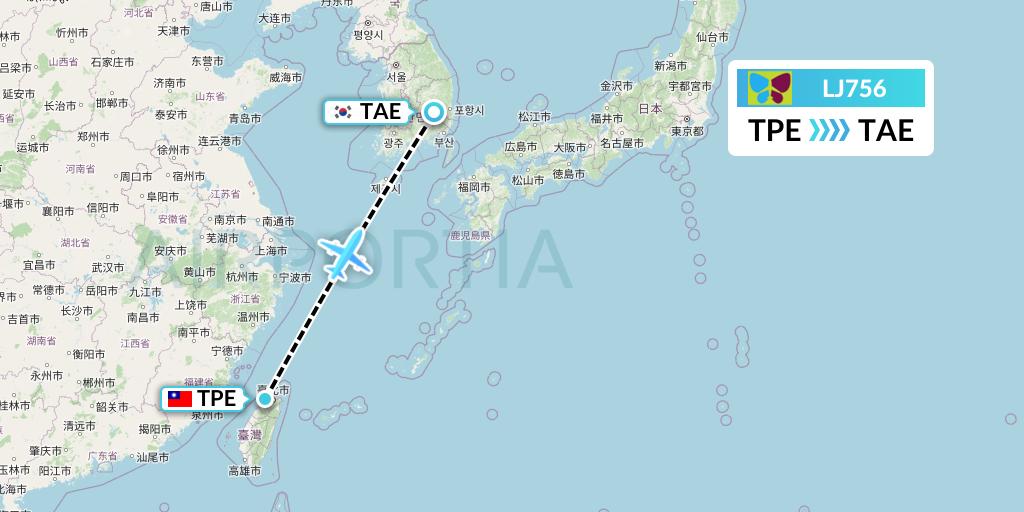LJ756 Jin Air Flight Map: Taipei to Daegu