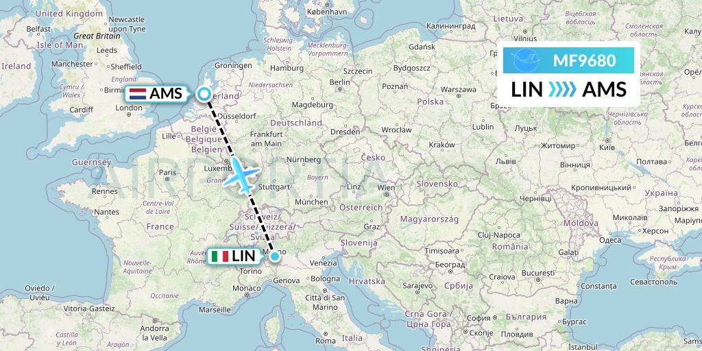 MF9680 Xiamen Airlines Flight Map: Milan to Amsterdam