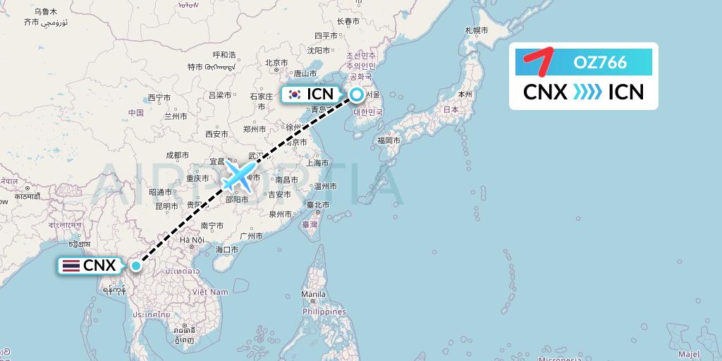 OZ766 Asiana Airlines Flight Map: Chiang Mai to Seoul