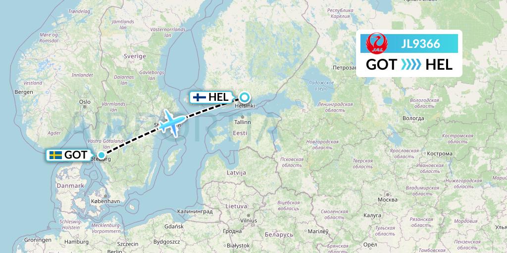 JL9366 Japan Airlines Flight Map: Gothenburg to Helsinki