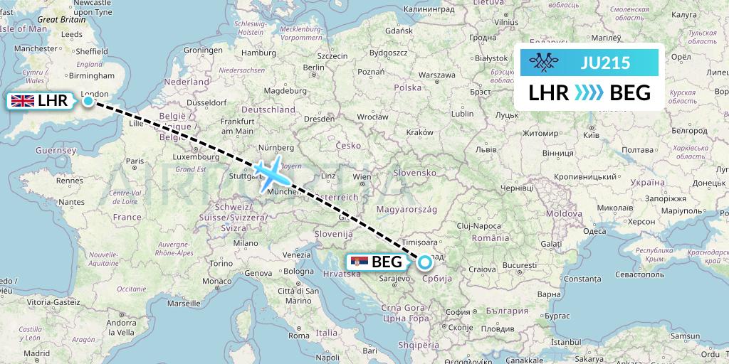 JU215 AirSERBIA Flight Map: London to Belgrade