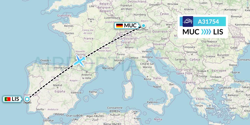 A31754 Aegean Airlines Flight Map: Munich to Lisbon