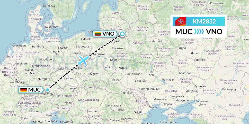 KM2832 Air Malta Flight Map: Munich to Vilnius
